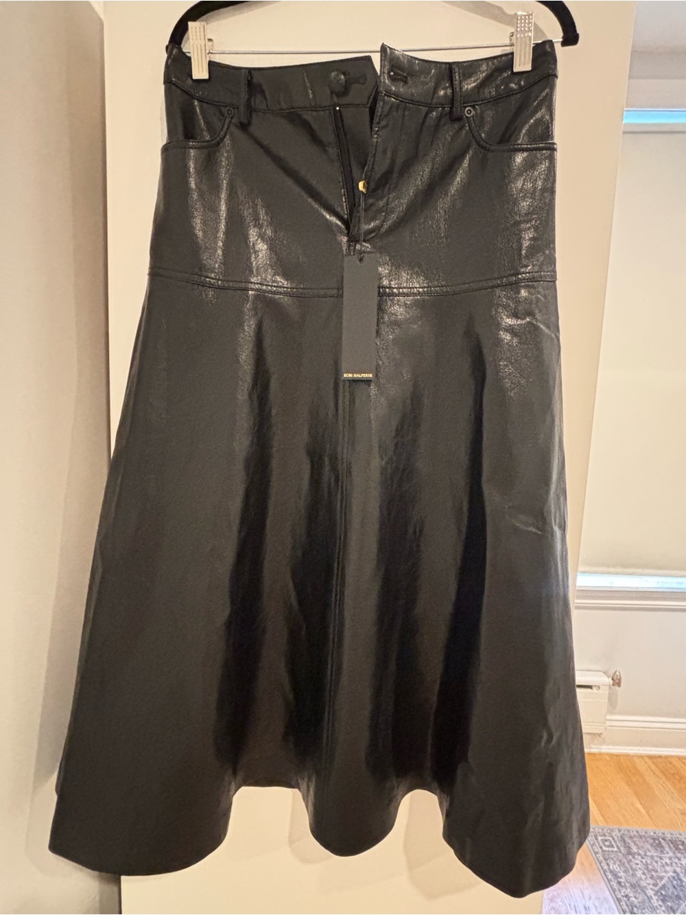Kobi Halperin Black Faux-Leather A-Line Midi Skirt